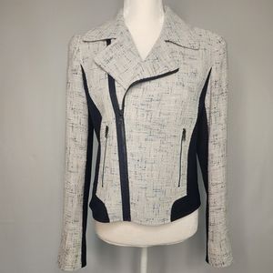 Tahari Asymmetrical Navy and White Moto Zippered Jacket